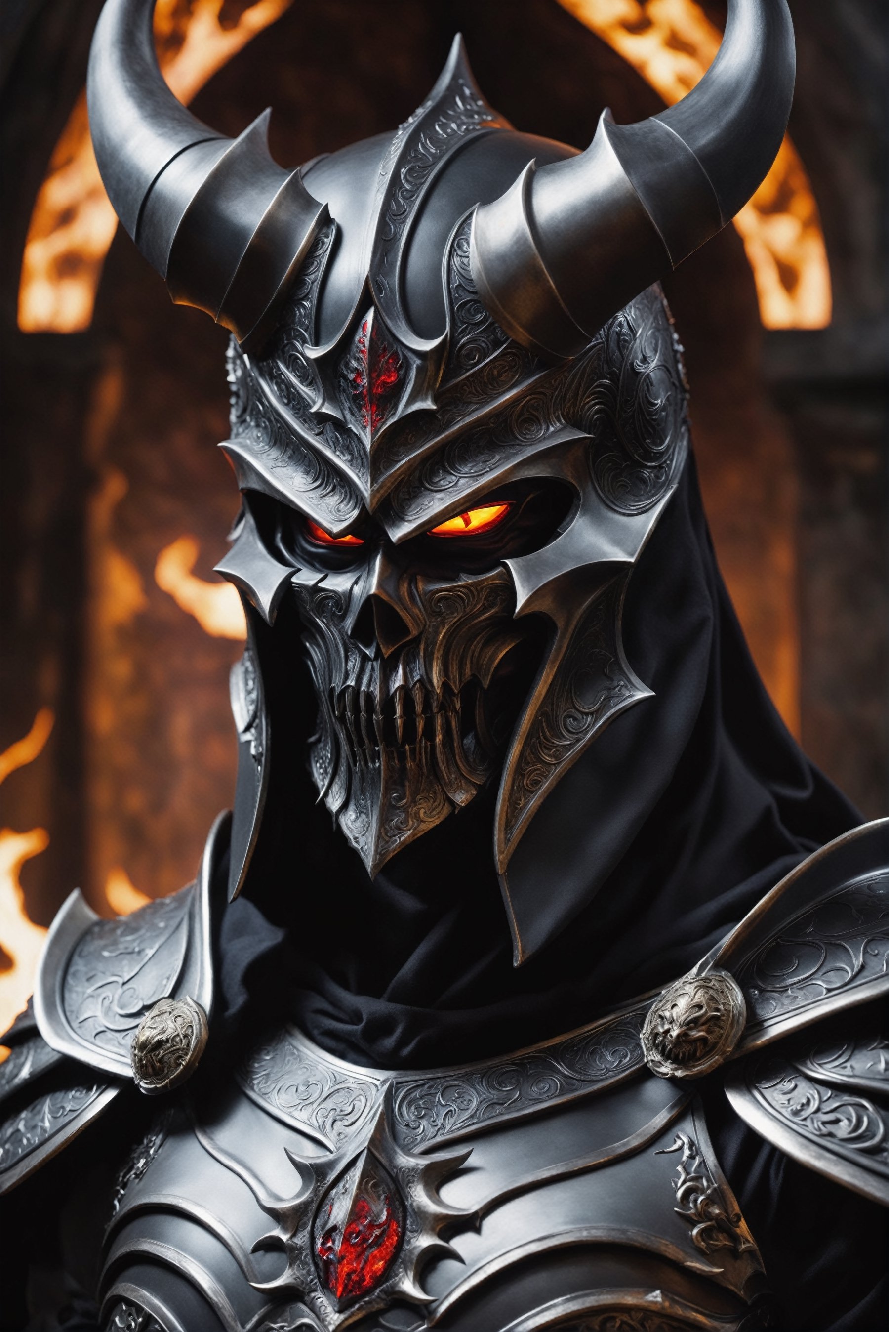 Generate hyper realistic image Experience the chilling presence of a hyper-realistic demonic entity, standing with an aura of malevolent authority. The figure is fully armored, with the hood shrouding most facial details, leaving only glimpses of demonic features through the fearsome helmet. The demonic presence is intensified by the intricate design of the breastplate, gauntlets, and shoulder armor, each element exuding an ominous and otherworldly quality. In the demon's grip rests a formidable weapon, adding to the air of threat and power. The menacing figure is enveloped in a sinister black cape, billowing ominously and creating a stark contrast to the dark and intricate demonic armor. This hyper-realistic image captures the essence of a malevolent force, with every detail meticulously rendered to evoke a sense of dread and awe in the viewer.