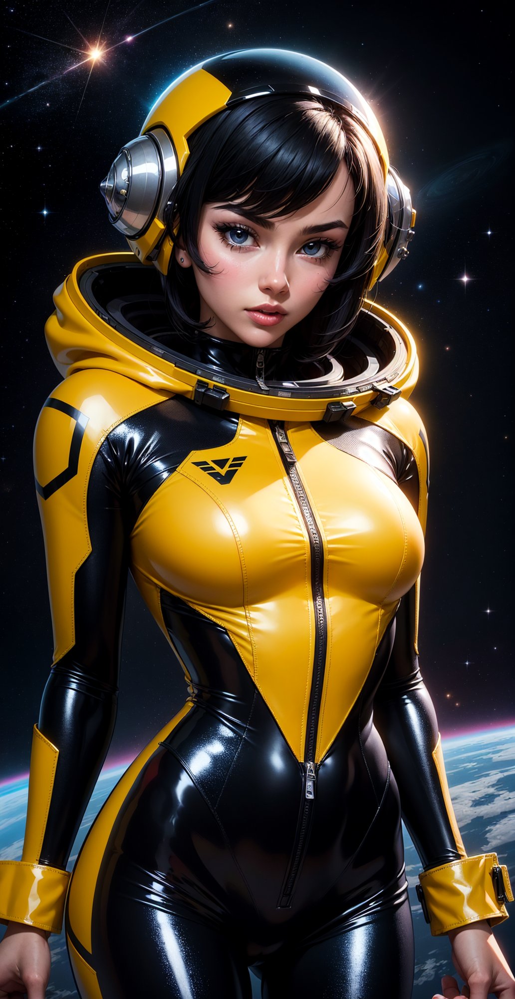a girl, thunder yellow jacket, tight suit,Space helm of the 1960s,and the anime series G Force of the 1980s,Darf Punk wlop glossy skin, ultrarealistic sweet girl, space helm 60s, holographic, holographic texture, the style of wlop, space, black hair,