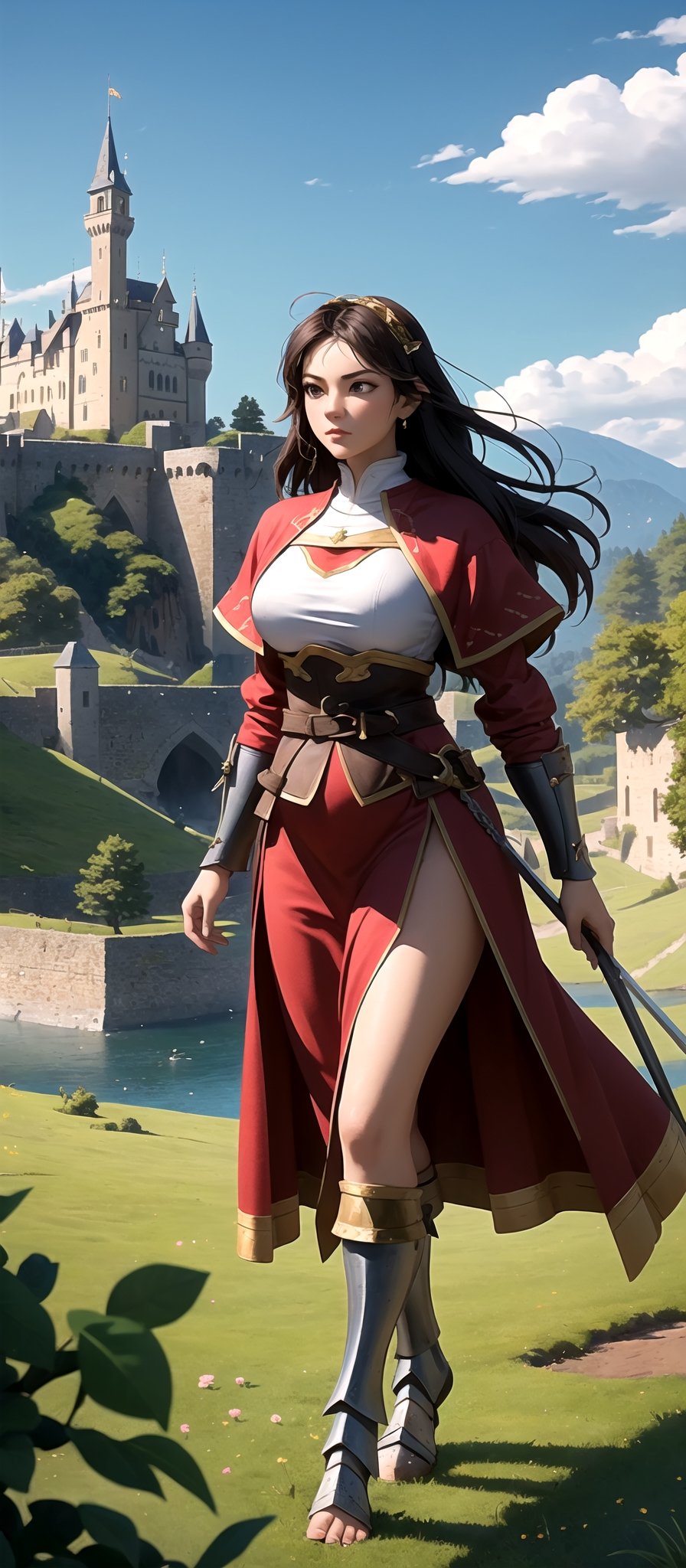 "Capture the essence of epic clashes and scenic beauty with this battle wallpaper, (((Picture a beautiful oung female warrior walking through a medieval battleground))). In the background, a majestic stone castle overlooks a tranquil lake, while sheep graze peacefully in a lush garden. Towering mountains frame the horizon under a picturesque sky. This scene, inspired by Age of Empires, combines the thrill of speed with the grandeur of medieval times, creating a truly captivating wallpaper
 