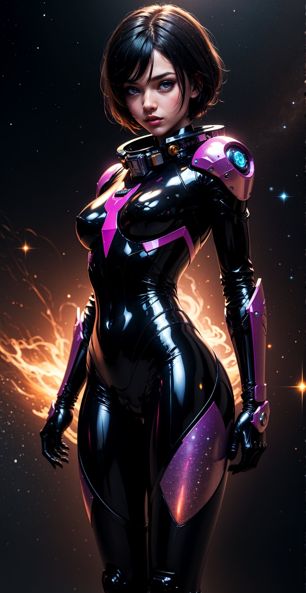 a girl, thunder yellow jacket, tight suit,Space helm of the 1960s,and the anime series G Force of the 1980s,Darf Punk wlop glossy skin, ultrarealistic sweet girl, space helm 60s, holographic, holographic texture, the style of wlop, space, black hair,mecha musume,*see the examples*,perfecteyes
