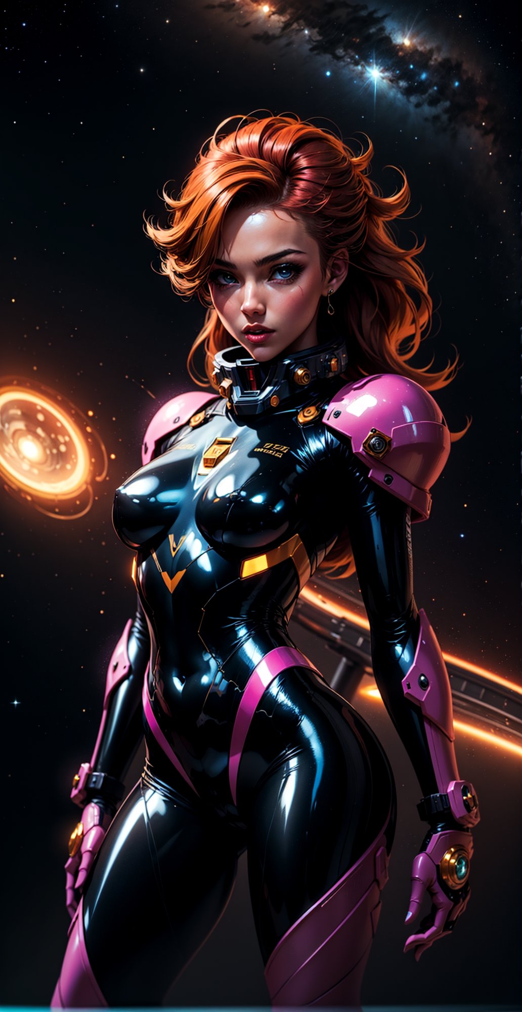 a girl, thunder yellow jacket, tight revealing skimpy satin suit, Space helm of the 1960s,and the anime series G Force of the 1980s, Darf Punk wlop glossy skin, ultrarealistic sweet girl, space helm 60s, holographic, holographic texture, the style of wlop, space, red hair, mecha musume,*see the examples*,perfecteyes