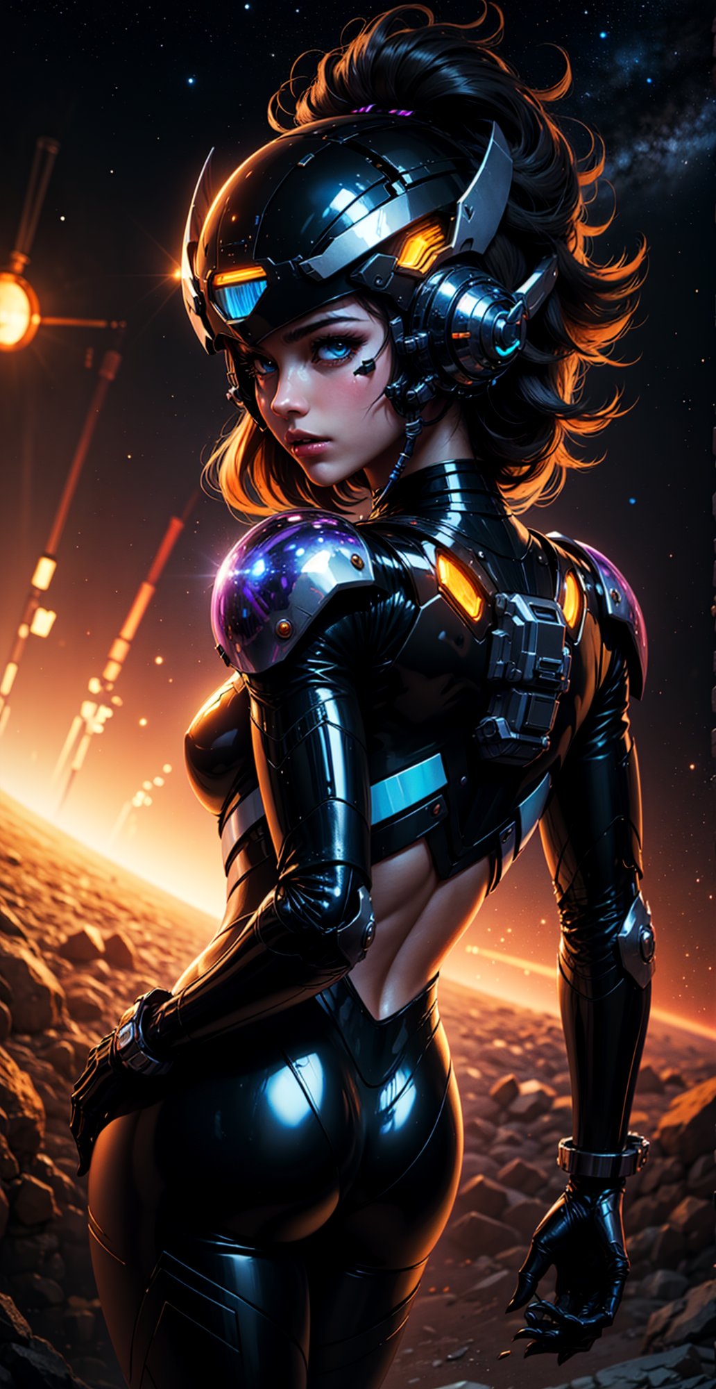 a girl, thunder yellow jacket, tight revealing suit,Space helm of the 1960s,and the anime series G Force of the 1980s,Darf Punk wlop glossy skin, ultrarealistic sweet girl, space helm 60s, holographic, holographic texture, the style of wlop, space, black hair,mecha musume,*see the examples*,perfecteyes