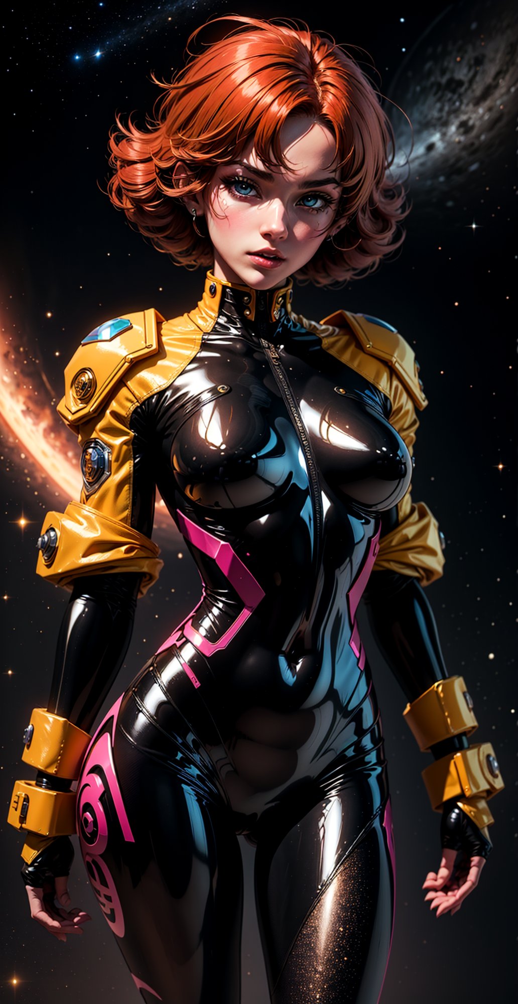 a girl, thunder yellow jacket, tight revealing skimpy satin suit, Space helm of the 1960s,and the anime series G Force of the 1980s, Darf Punk wlop glossy skin, ultrarealistic sweet girl, space helm 60s, holographic, holographic texture, the style of wlop, space, red hair, mecha musume,*see the examples*,perfecteyes