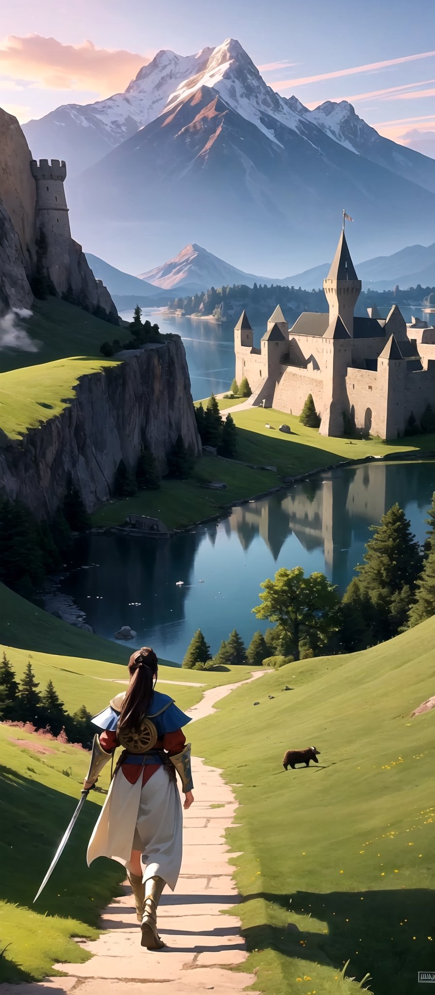 "Capture the essence of epic clashes and scenic beauty with this battle wallpaper, (((Picture a beautiful oung female warrior walking through a medieval battleground))). In the background, a majestic stone castle overlooks a tranquil lake, while sheep graze peacefully in a lush garden. Towering mountains frame the horizon under a picturesque sky. This scene, inspired by Age of Empires, combines the thrill of speed with the grandeur of medieval times, creating a truly captivating wallpaper for your phone."
 