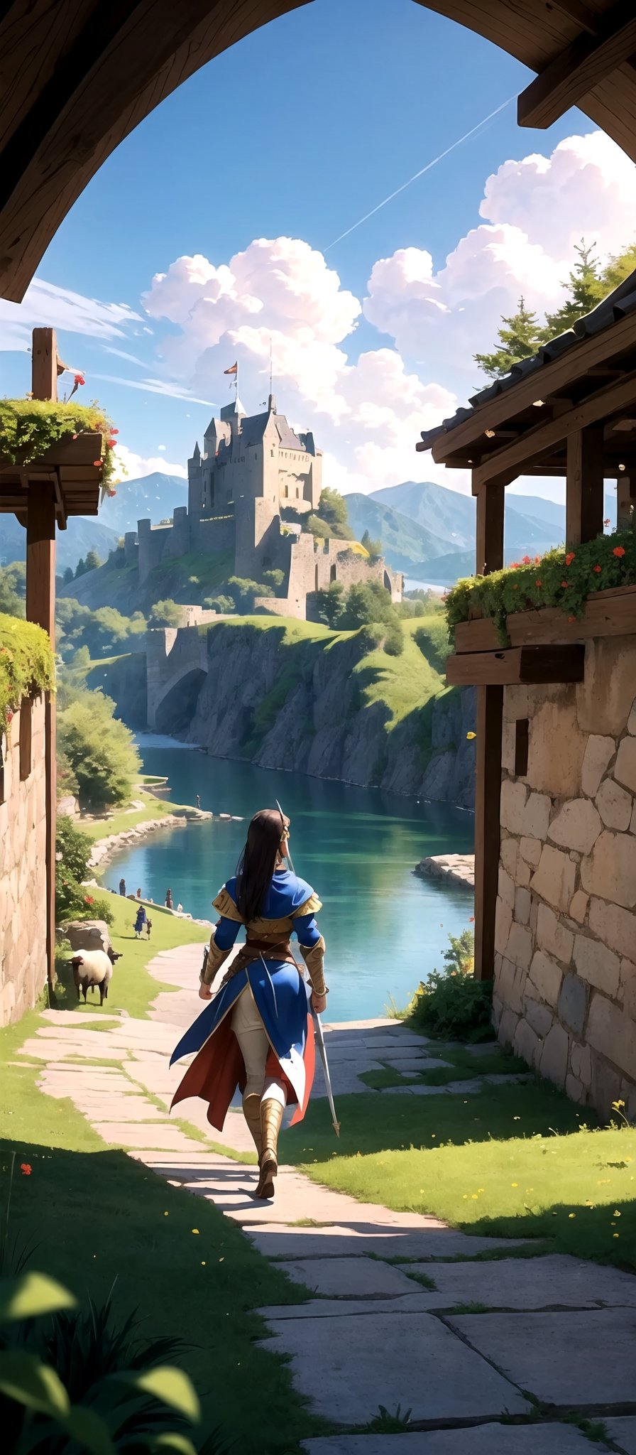 "Capture the essence of epic clashes and scenic beauty with this battle wallpaper, (((Picture a beautiful oung female warrior walking through a medieval battleground))). In the background, a majestic stone castle overlooks a tranquil lake, while sheep graze peacefully in a lush garden. Towering mountains frame the horizon under a picturesque sky. This scene, inspired by Age of Empires, combines the thrill of speed with the grandeur of medieval times, creating a truly captivating wallpaper for your phone."
 