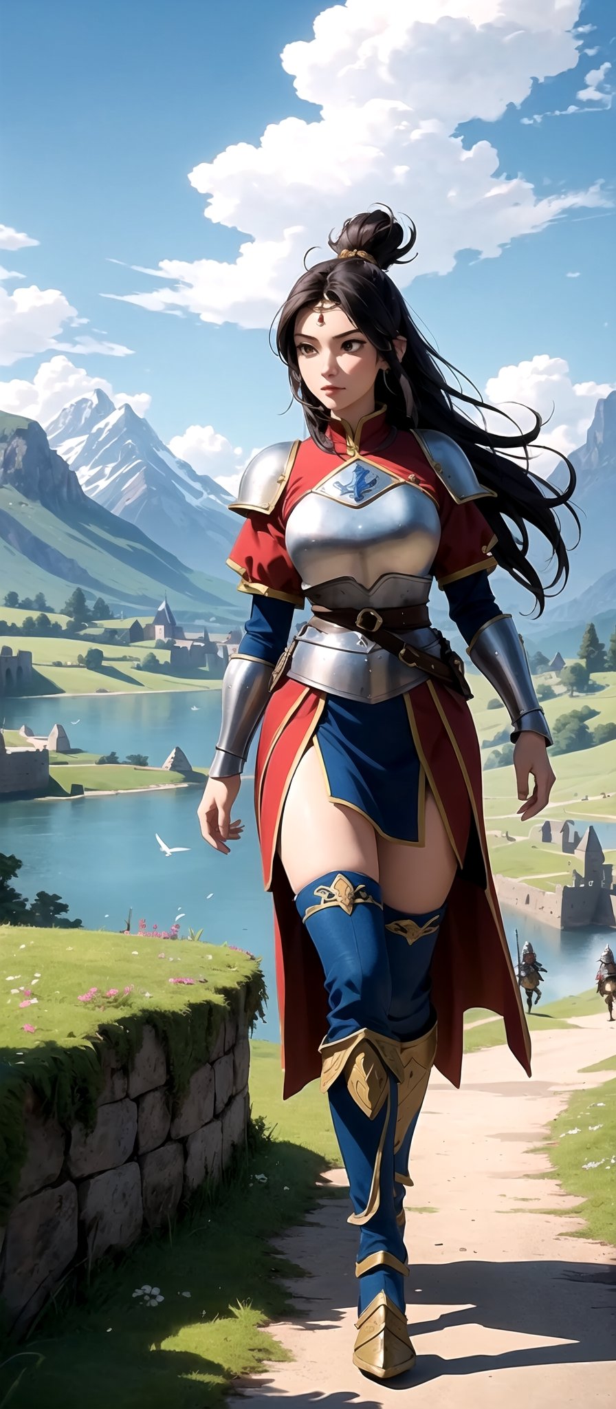 "Capture the essence of epic clashes and scenic beauty with this battle wallpaper, (((Picture a beautiful oung female warrior walking through a medieval battleground))). In the background, a majestic stone castle overlooks a tranquil lake, while sheep graze peacefully in a lush garden. Towering mountains frame the horizon under a picturesque sky. This scene, inspired by Age of Empires, combines the thrill of speed with the grandeur of medieval times, creating a truly captivating wallpaper for your phone."
 