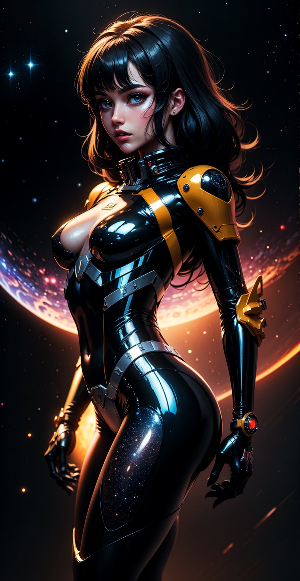 a girl, thunder yellow jacket, tight suit,Space helm of the 1960s,and the anime series G Force of the 1980s,Darf Punk wlop glossy skin, ultrarealistic sweet girl, space helm 60s, holographic, holographic texture, the style of wlop, space, black hair,mecha musume,*see the examples*,perfecteyes