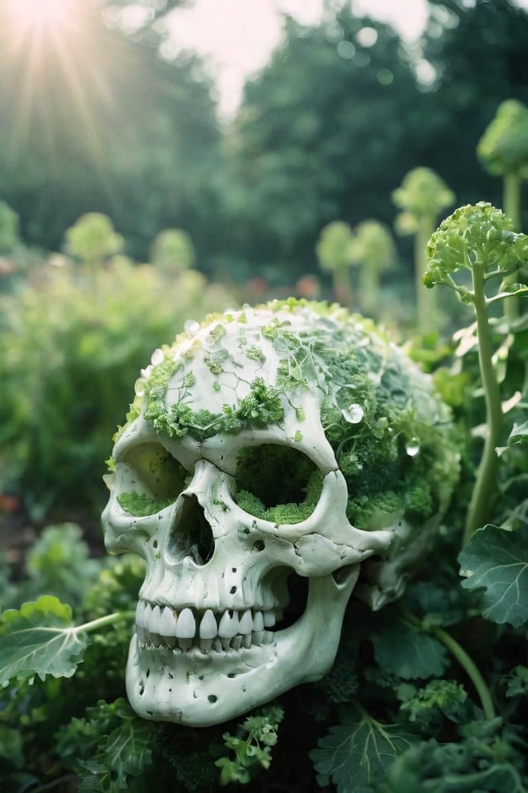 Backlight, Very detailed, a white Green sss thick resin crystalized horror skull monster-Broccoli of Doom, in wild Overgrown garden, atmospheric haze, Film grain, cinematic film still, shallow depth of field, highly detailed, high budget, cinemascope, moody, epic, OverallDetail, 2000s vintage RAW photo, photorealistic, candid camera, color graded cinematic, atmospheric lighting, imperfections, natural, shallow dof, TaylorSwift