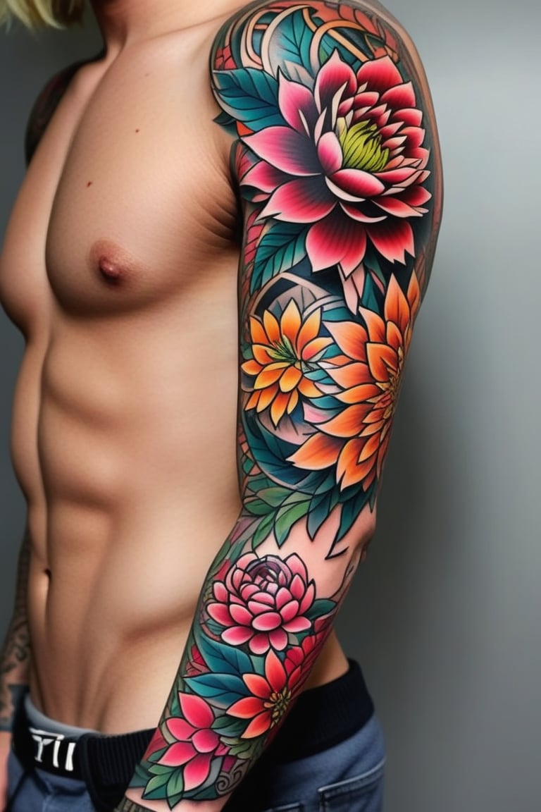 A full arm sleeve design featuring large, bold flowers like roses, peonies, and dahlias, combined with intricate leaves and geometric patterns. The design blends traditional tattoo styles with modern elements, utilizing vibrant colors and detailed line work.