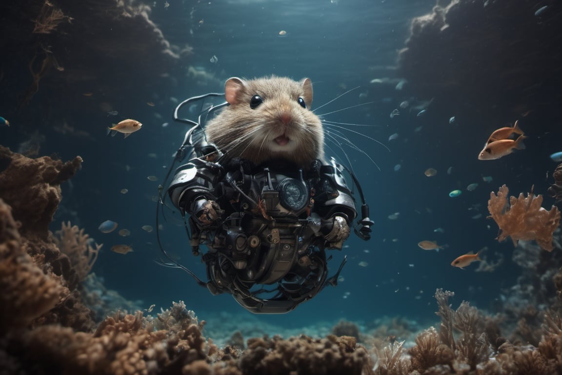 This photo captures the mesmerizing magic of the underwater world. The 4K and 8K resolution brings out the intricate details, allowing us to appreciate the masterpiece of this scene. The perfect focus and clear focus create a cinematic shot that is both realistic and awe-inspiring. The cyborg style and cinematic lighting add a futuristic touch to the composition. The android-like figure of the hamster, surrounded by the enchanting underwater environment, gives it a mecha-like appearance. It's like a movie or film still, evoking a sense of wonder and fascination.