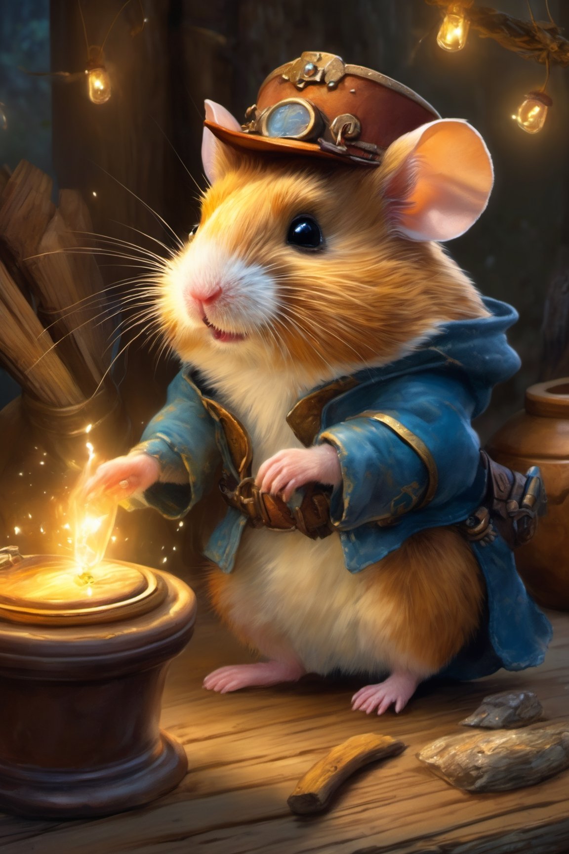 Hyper-detailed  painting, Jean-Baptiste Monge style, The cute little brave hamster is in the novice village, wearing adventurer clothes,, splash, glittering, cute and adorable, filigree, lights, fluffy, magic, surreal, fantasy, digital art, ultra hd, hyper-realistic illustration, vivid colors,  UHD, cinematic perfect light,greg rutkowski