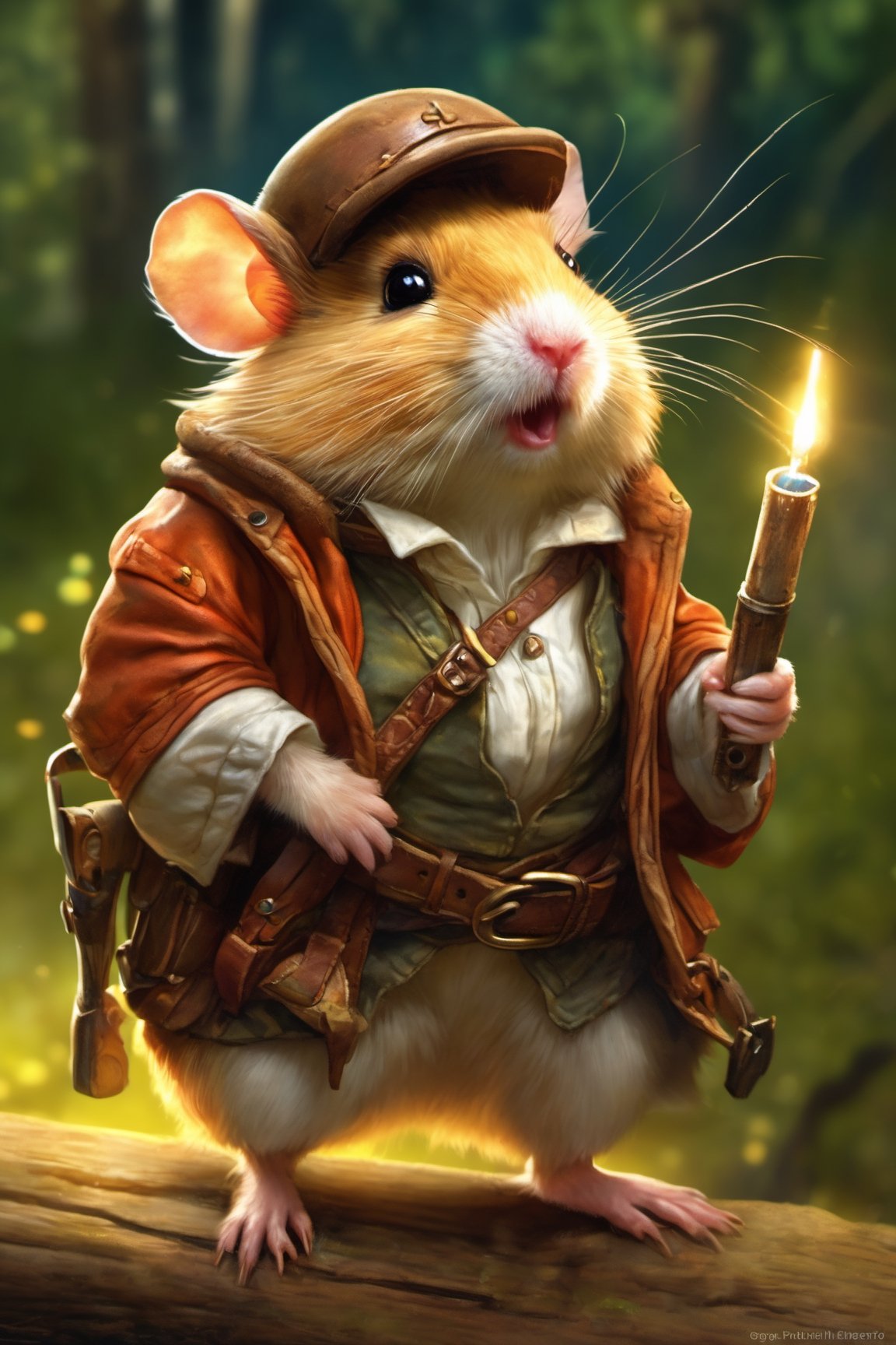 Hyper-detailed  painting, Jean-Baptiste Monge style, The cute little brave hamster is in the novice village, wearing adventurer clothes,, splash, glittering, cute and adorable, filigree, lights, fluffy, magic, surreal, fantasy, digital art, ultra hd, hyper-realistic illustration, vivid colors,  UHD, cinematic perfect light,greg rutkowski