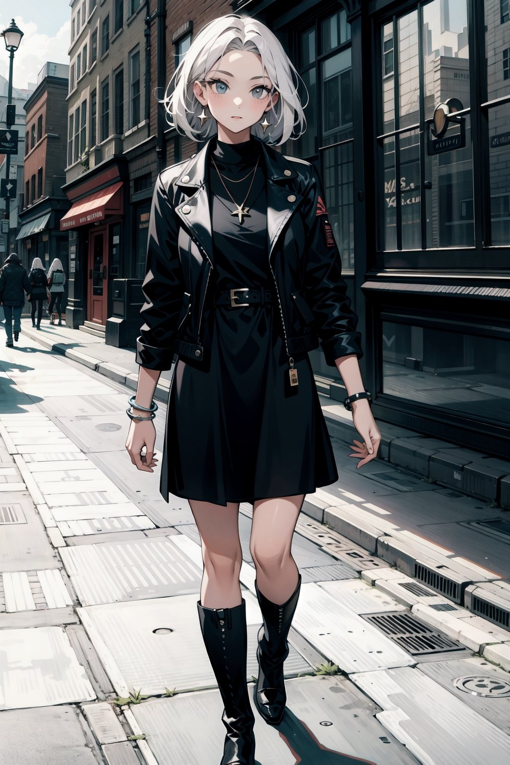masterpiece, ultra high res, absurdres,
A young woman in London is walking down the street, dressed in a trendy fashion style. She has short, straight hair and a natural makeup. She wears a black knit dress, a black leather jacket, and boots. She also wears small earrings and a simple necklace and bracelet. She is adding a touch of individuality to the street,
looking at viewer,
dutch angle, 