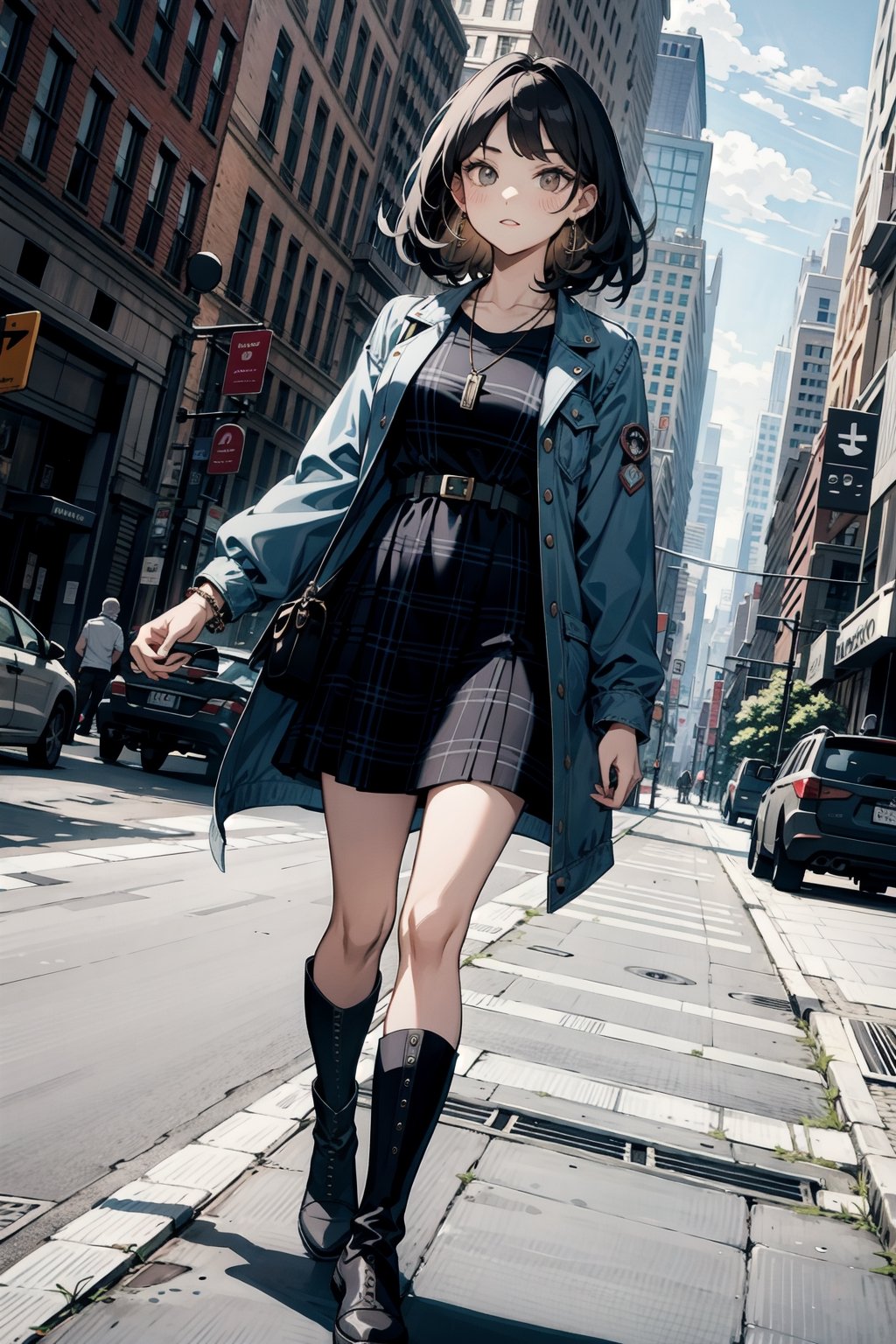 masterpiece, ultra high res, absurdres,
A young woman in Manhattan is walking down the street, dressed in a trendy fashion style. She has a bob cut with wavy hair and a nude makeup. She wears a denim jacket and a black check-patterned dress, and boots. She also wears small earrings and a simple necklace and bracelet. She is adding a touch of individuality to the street.,
dutch angle, 
