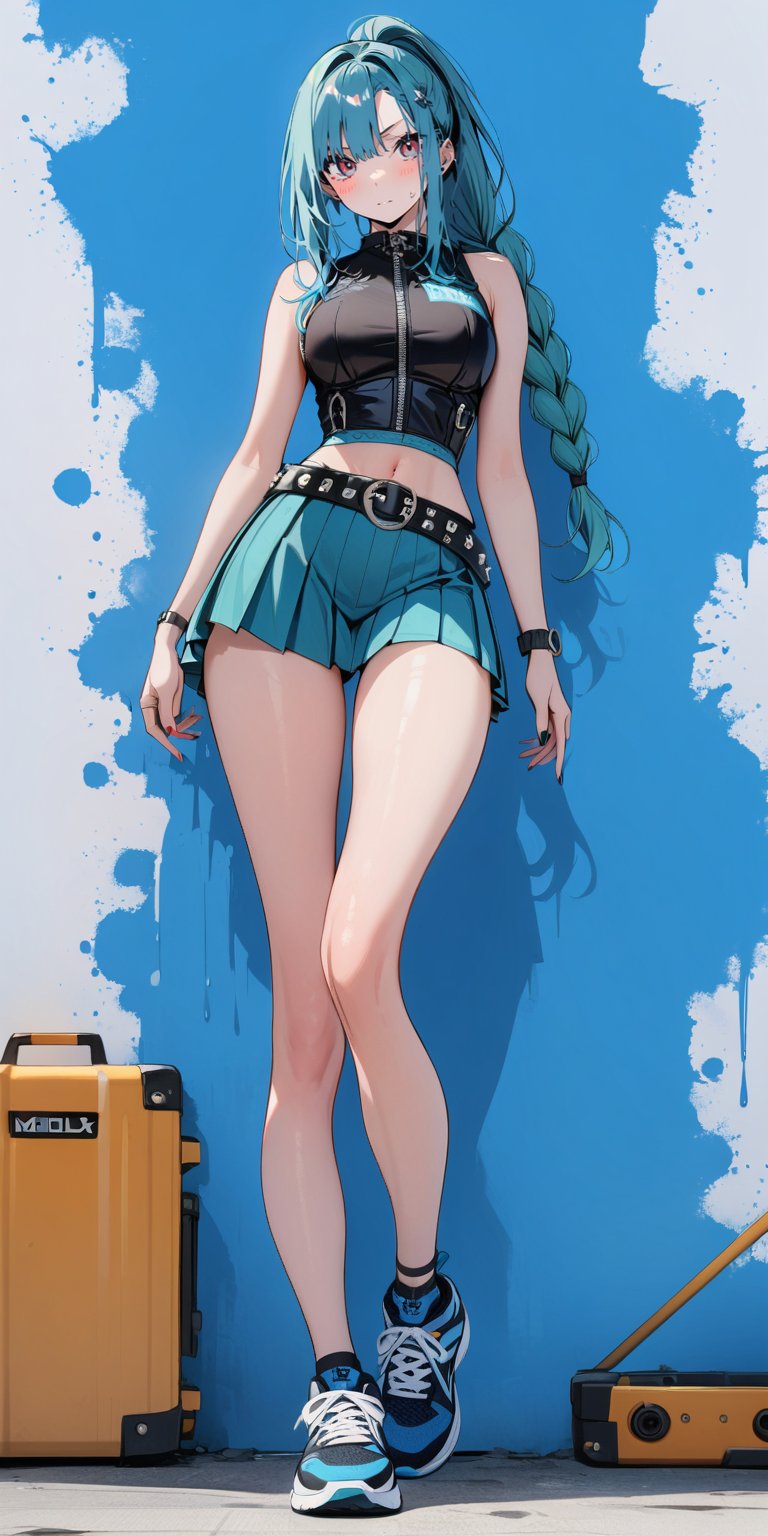 1girl, very tall, thin, masterpiece, best quality, very aesthetic, absurdres, long hair, braided ponytail, looking at viewer, blush, smile, large breasts, aqua corset, asymmetric bangs, blue gradient eye, standing, (full body), thighs, aqua hair, sleeveless, long legs, pleated skirt, sneakers, thigh gap, punk belt, white background, empty background,
