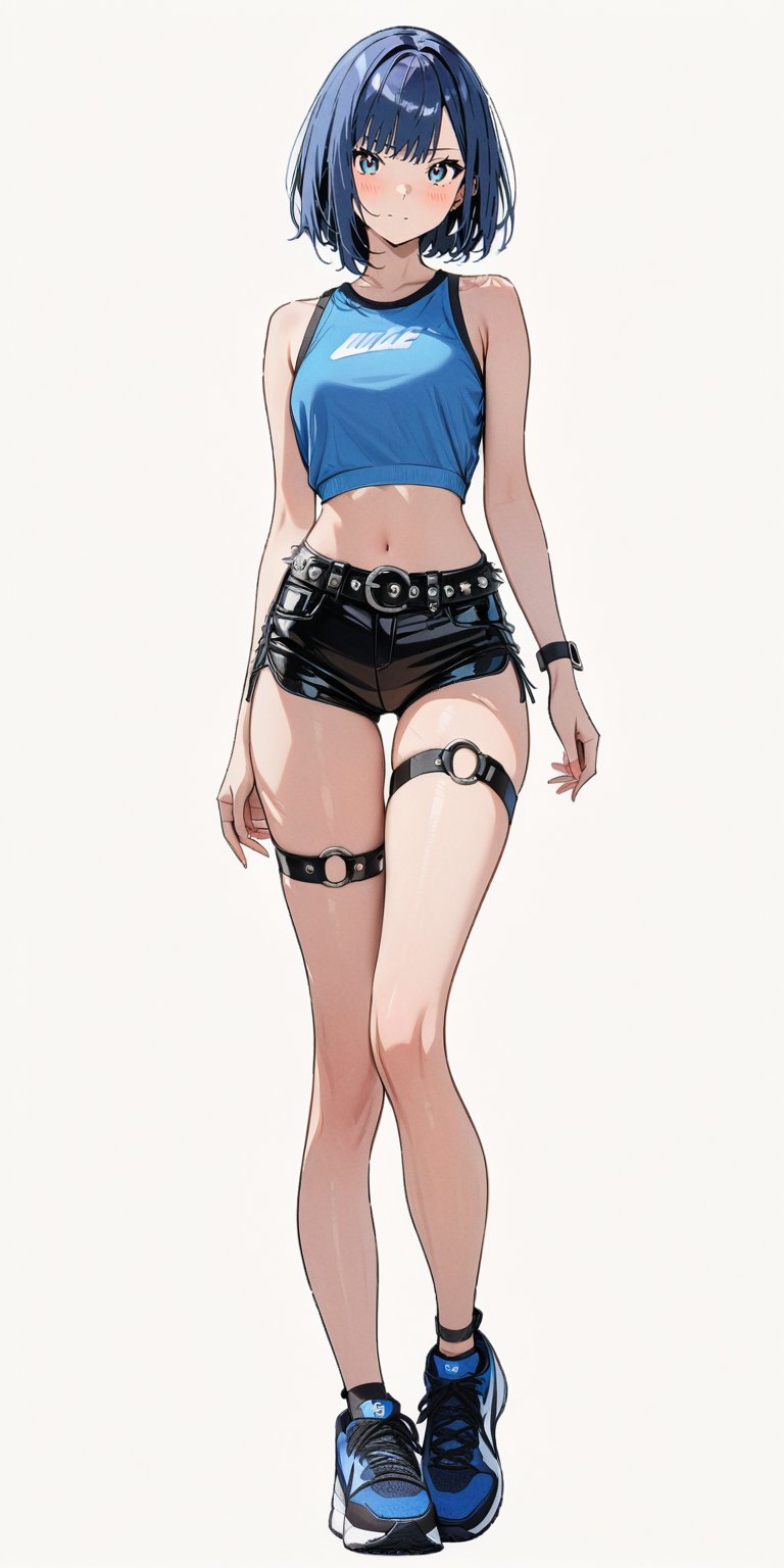 1girl, very tall, thin, masterpiece, best quality, very aesthetic, absurdres, short hair, looking at viewer, blush, smile, medium breasts, tight sky blue  crop top, diagonal bangs, bare shoulders, red gradient eyes, standing, (full body), deep blue hair, sleeveless, bare legs, black short shorts, sneakers, thigh strap (only on right leg), thigh gap, punk belt, white background, empty background,