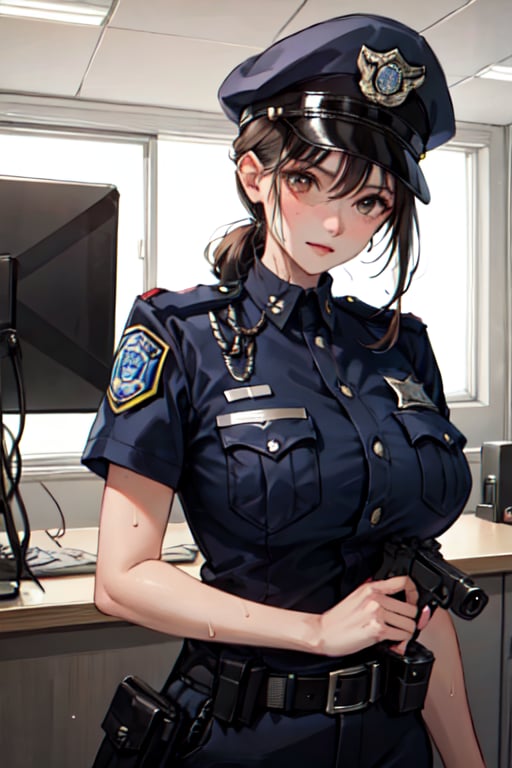 (masterpiece:1.2, best quality), 1lady, solo, big tits, sweating, upper body High quality sexy police clothing. make up Interior of a police station in the city with a pistol and accessories.