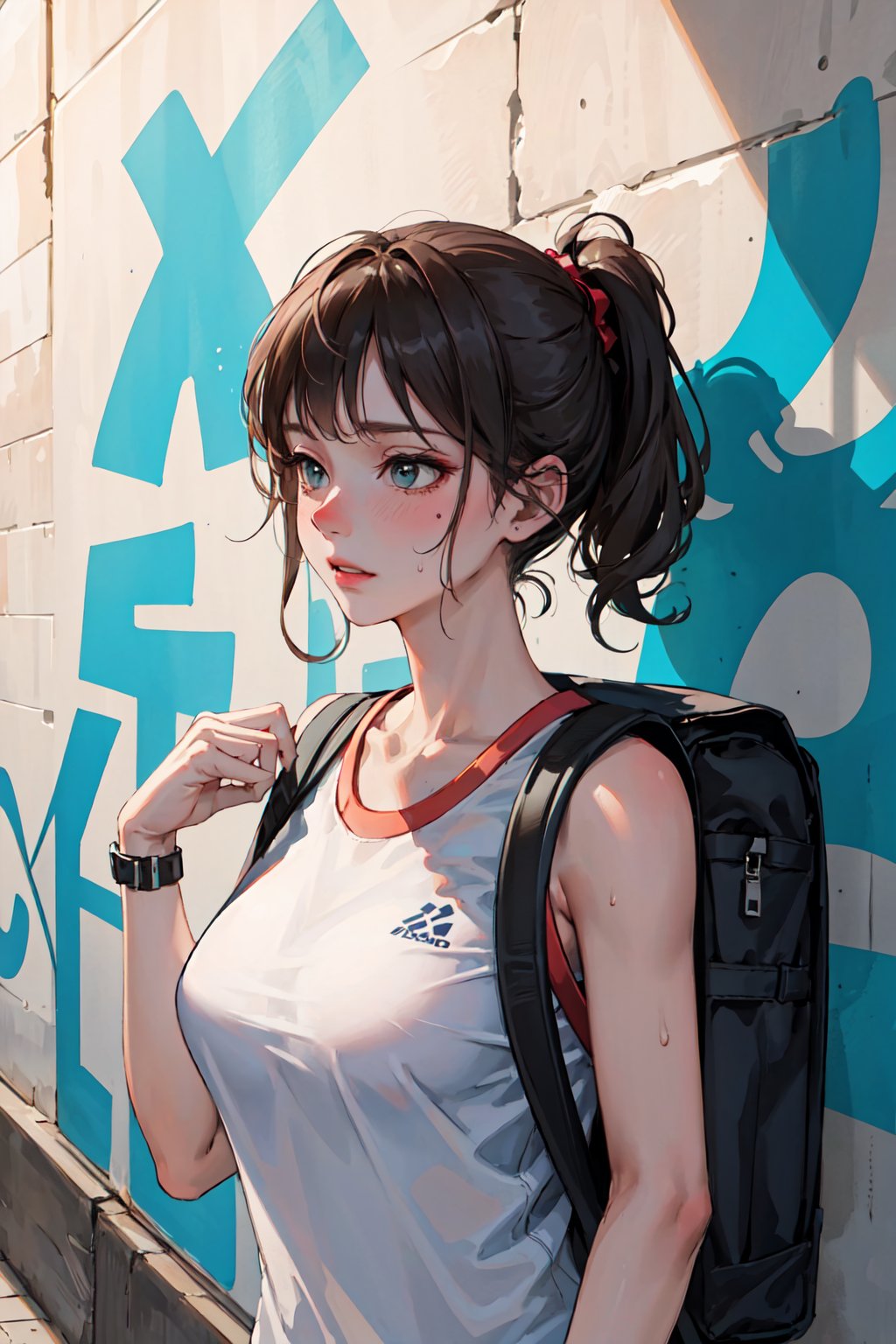 (masterpiece:1.2, best quality), 1lady, solo, big tits, sweating, upper body High quality sportswear. make up Alley in the city with graffiti on the wall backpack and accessories.