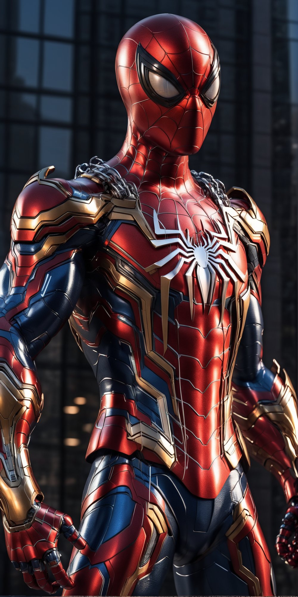 Angry spiderman mecha robo soldier character, anthropomorphic figure, wearing futuristic mecha soldier armor and weapons, reflection mapping, realistic figure, hyperdetailed, cinematic lighting photography, 32k uhd with a golden staff, red lighting on suit, 

By: panchovilla,mecha