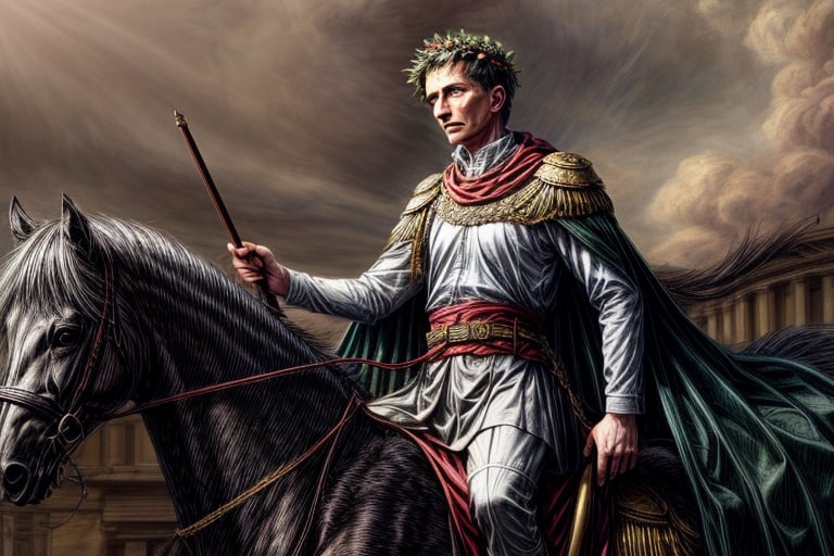 Julius Caesar with a laurel wreath on his head, riding with a line art in a more realistic style. He wears Roman style clothing and on his back is a long cape, 