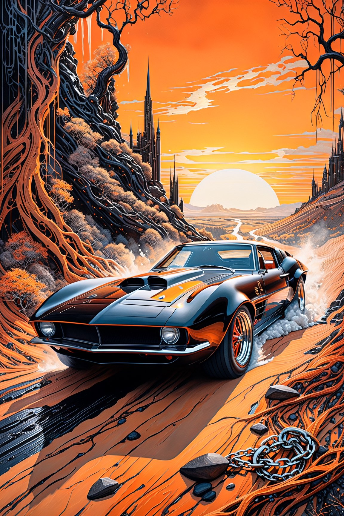 Ultra wide photorealistic medieval image exciting fusion between hot rod old school and sports car, custom design, full car. Dark sun, giant fully cybernetic spaceship floating in background shot, tree roots, thorny branches, iron chains, rocky path, black and orange black, Ink Flow - 8k photorealistic masterpiece - by Aaron Horkey and Jeremy Mann - close-up. liquid gouache: Jean Baptiste Mongue: calligraphy: acrylic: color watercolor, cinematic lighting, maximalist photo illustration: marton Bobzert: 8k concept art, intricately detailed realism, complex, elegant, vast, fantastic and psychedelic, dripping colors,