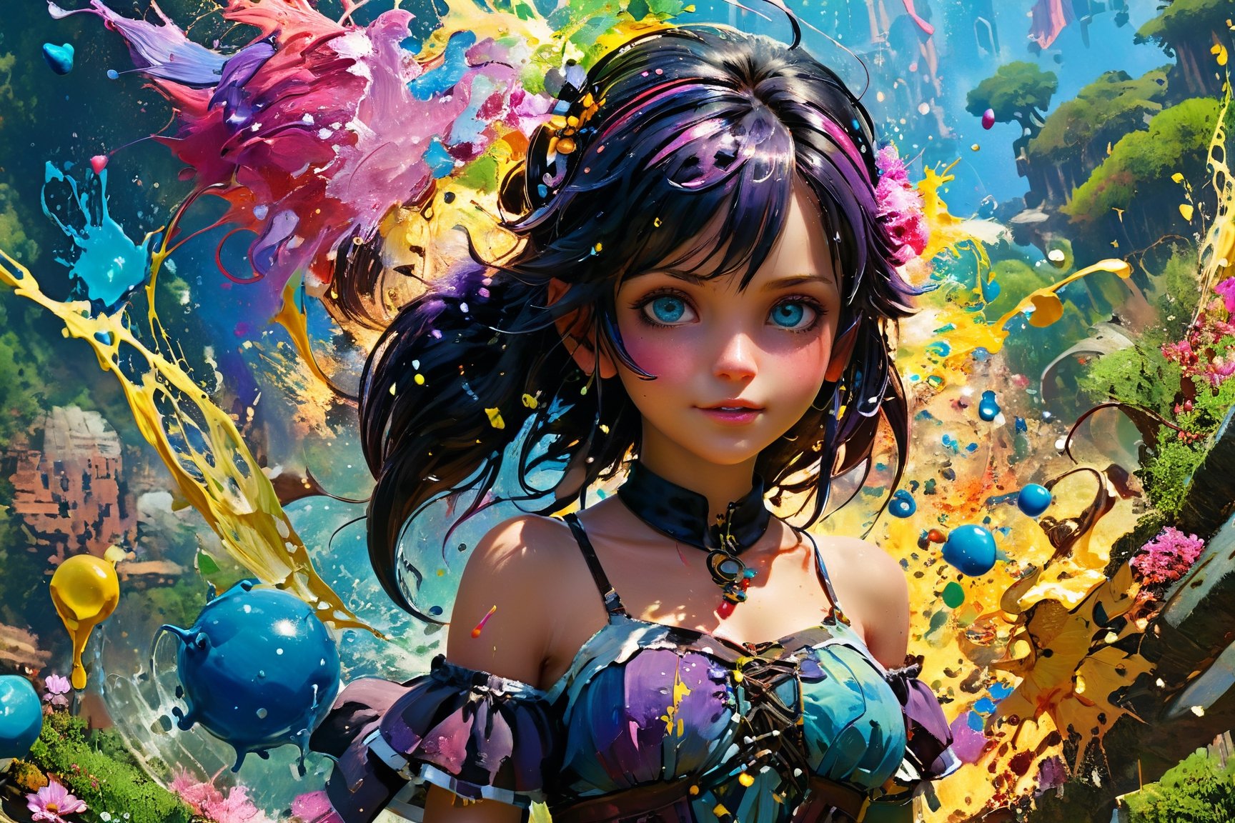 masterpiece, painted world,  colorful splashes,  by James Gurney and Aimej Homura, very detailed, unreal 5, 4K, amazing quality, Artstation in deviant art