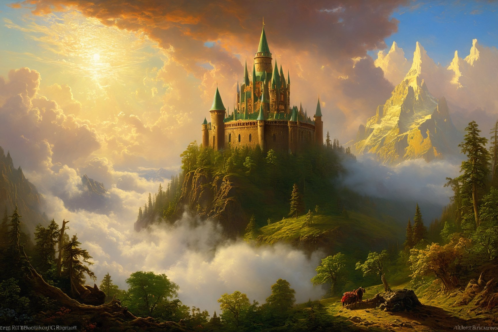elven fantasy castle in the clouds by Albert Bierstadt  ,greg rutkowski
