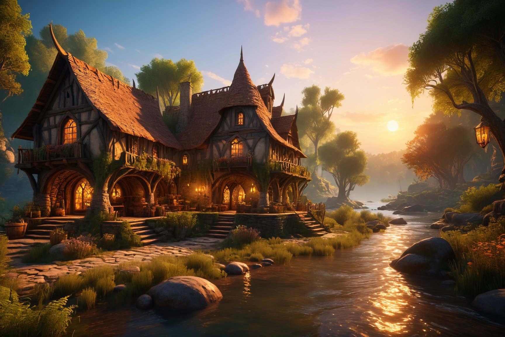 beautiful ancient fantasy store at sunset, trending on Artstation, octane render, unreal engine, visually stunning, award winning, river, forest