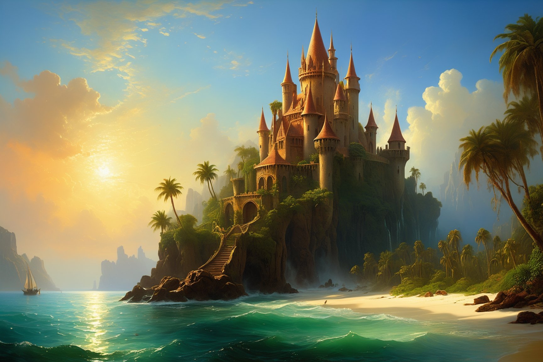 elven fantasy castle in the coast tropical lagune by Albert Bierstadt , style of Ivan Aivazovsky , ,greg rutkowski