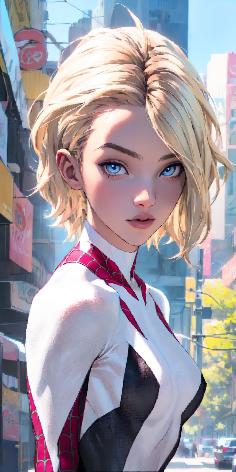 ultra detailed,realistic shot, high resolution, ultra detailed face, cute eyes, eyes shining, natural light, cinematic light, realistic body, detailed body, detailed eyes, realistic face, masterpiece, high quality, 8k, best quality,medium boobs, high quality, 8k, best quality,Masterpiece, best quality, gwen stacy, blonde hair, short hair, blue eyes, spiderman suit, (no mask), New York City, extremely detailed
