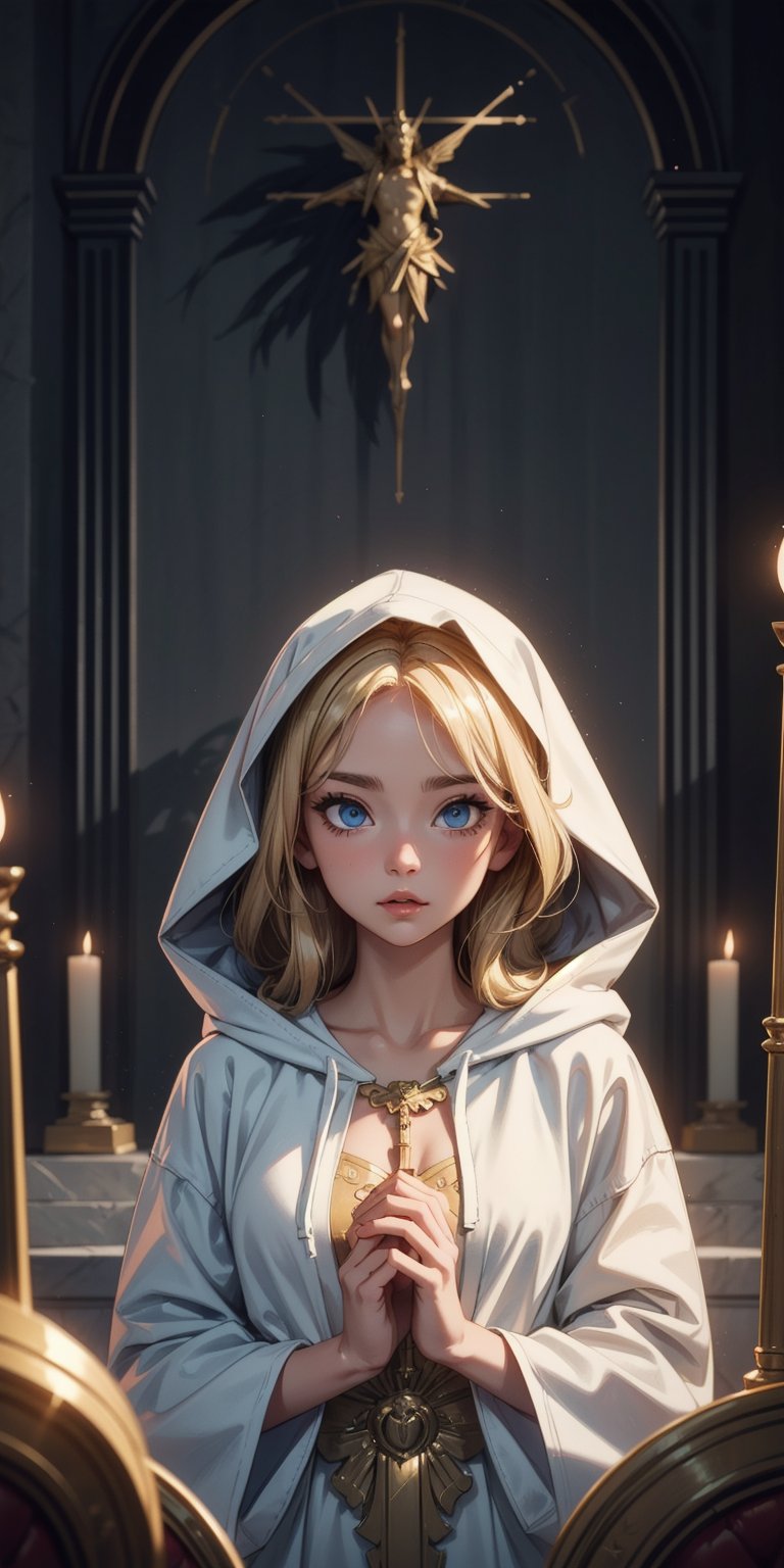 A sweet girl, alone in the temple, servant of the goddess, wearing a long white robe, (long golden hair:1.2), blue eyes, (wearing a hood), (best quality, 4k, 8k, highres, masterpiece), ultra-detailed, intricate details, chiaroscuro lighting, dramatic shadows, cinematic composition, ethereal atmosphere, sacred, serene, divine, Long white robe with complex gold patterns, ultra detailed background, bright light, shine, reflections, glare, aura of holiness, tender look, innocence,