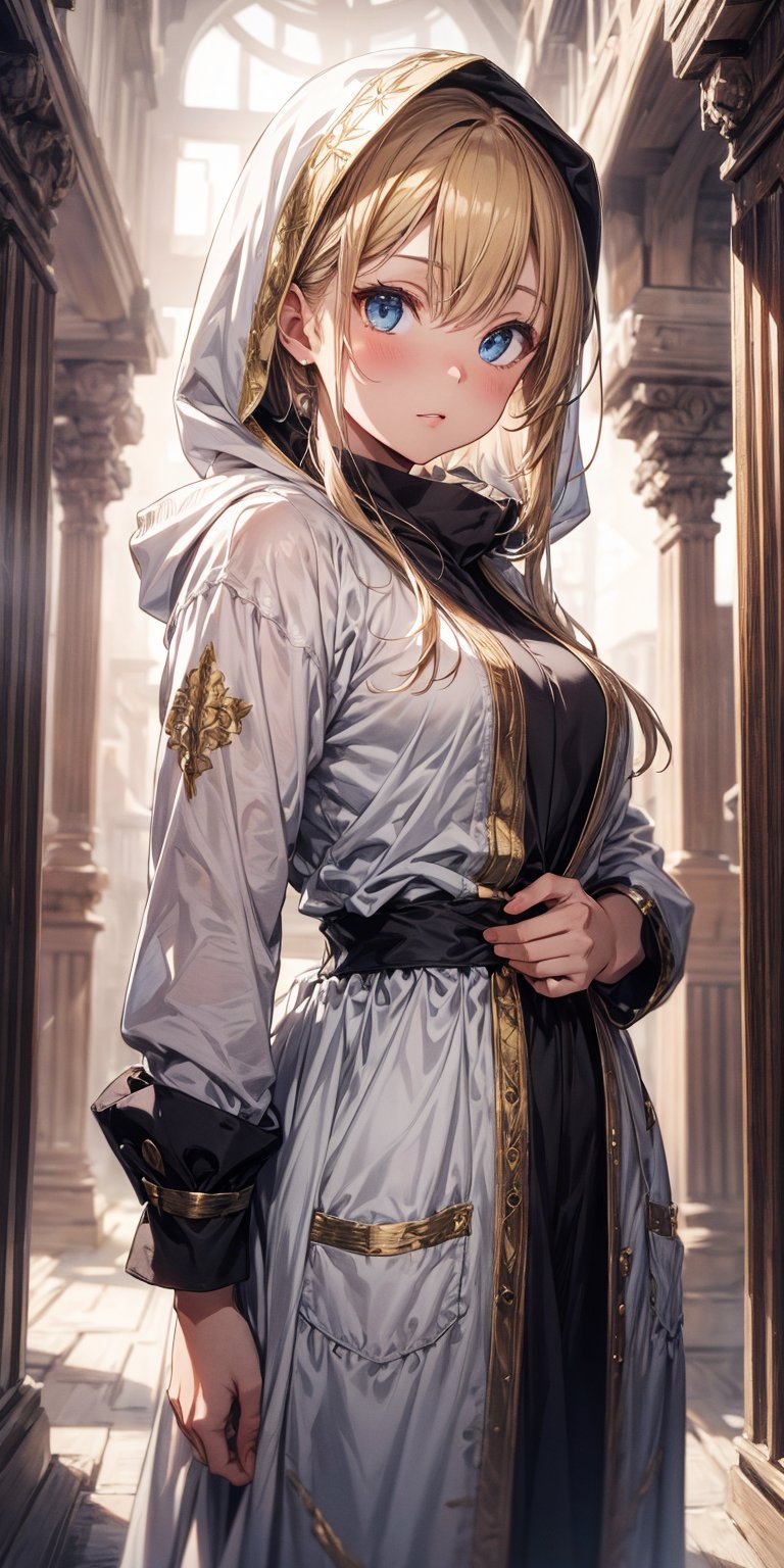 A sweet girl, alone in the temple, servant of the goddess, wearing a long white robe, (long golden hair:1.2), blue eyes, (wearing a hood), (best quality, 4k, 8k, highres, masterpiece), ultra-detailed, intricate details, chiaroscuro lighting, dramatic shadows, cinematic composition, ethereal atmosphere, sacred, serene, divine, Long white robe with complex gold patterns, ultra detailed background, bright light, shine, reflections, glare, aura of holiness, tender look, innocence,breakdomain