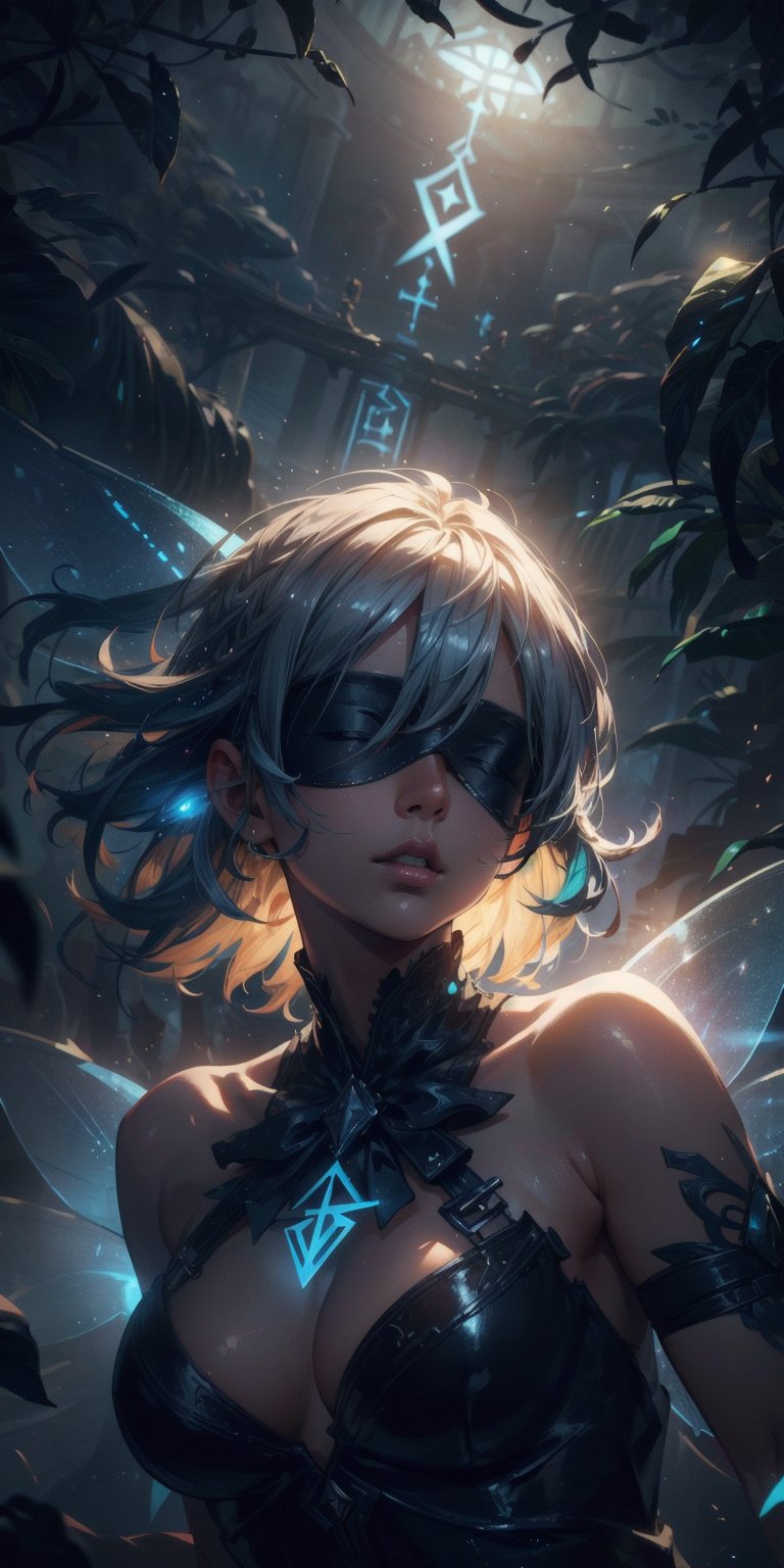 a beautiful fairy, 1 fairy, flying woman fairy, perfect face, light, glass forest, dramatic lighting, blindfold, ultra-detailed, floating glowing lights, depth of field, (shimmering dust), (best quality,4k,8k,highres,masterpiece:1.2),ultra-detailed,(realistic,photorealistic,photo-realistic:1.37),fantasy,cinematic,dramatic,intricate details,vibrant colors,ethereal,GlowingRunes_