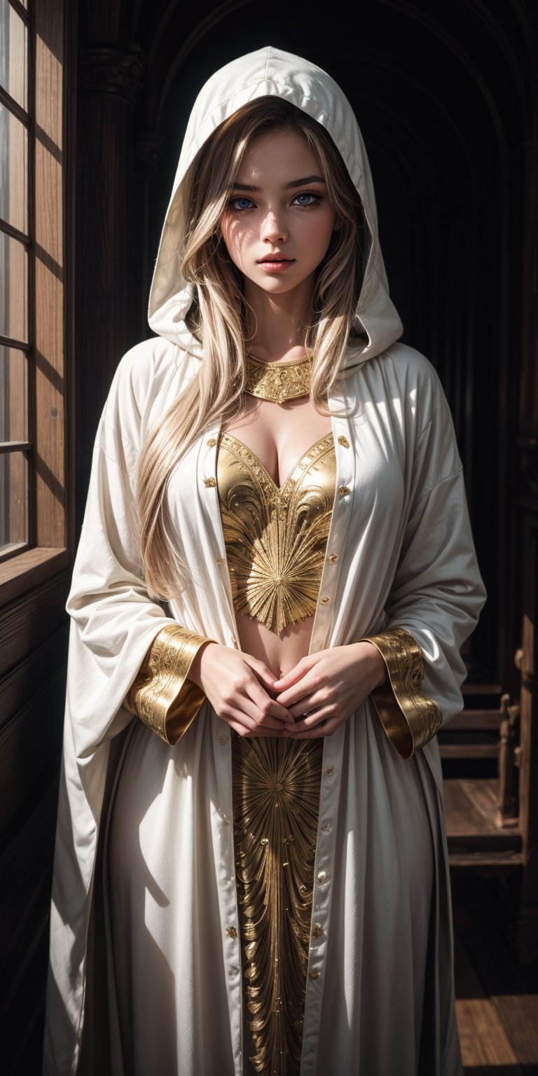 A sweet girl, alone in the temple, servant of the goddess, wearing a long white robe, (long golden hair:1.2), blue eyes, (wearing a hood), (best quality, 4k, 8k, highres, masterpiece), ultra-detailed, intricate details, chiaroscuro lighting, dramatic shadows, cinematic composition, ethereal atmosphere, sacred, serene, divine, Long white robe with complex gold patterns, ultra detailed background, bright light, shine, reflections, glare, aura of holiness, tender look, innocence,breakdomain,YeiyeiArt