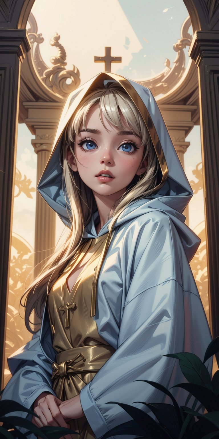 A sweet girl, alone in the temple, servant of the goddess, wearing a long white robe, (long golden hair:1.2), blue eyes, (wearing a hood), (best quality, 4k, 8k, highres, masterpiece), ultra-detailed, intricate details, chiaroscuro lighting, dramatic shadows, cinematic composition, ethereal atmosphere, sacred, serene, divine, Long white robe with complex gold patterns, ultra detailed background, bright light, shine, reflections, glare, aura of holiness, tender look, innocence,