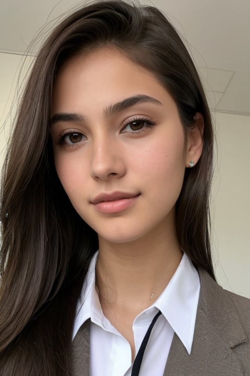 18 year old waif-like model, brown eyes, full lips, thin face, long brown hair pulled up wearing business attire at a corporate office