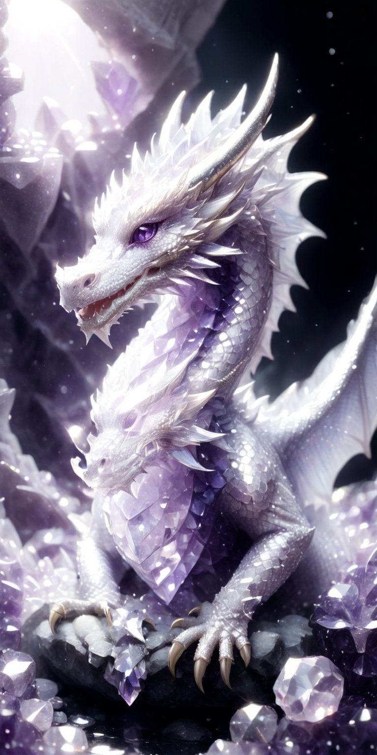 Illustrate a baby crystal dragon nestled within a bed of amethyst crystals. Render the scene in a soft, dreamlike style, with the dragon's scales shimmering in various shades of purple and lavender. Depict dewdrops forming on the crystal tips, sparkling like tiny diamonds, and let the dragon nuzzle playfully against a larger, warm amethyst.
 
, 