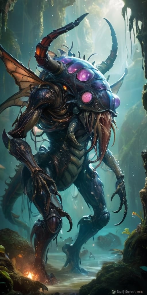 The Nexus Behemoth At the convergence of dimensions, a titanic creature looms. It resembles a blend of crustacean and insectoid features, with chitinous armor that glistens with a sickly iridescence. From its back sprout clusters of twitching, fleshy tubes that emit a noxious gas, while its enormous mandibles click with anticipation.
