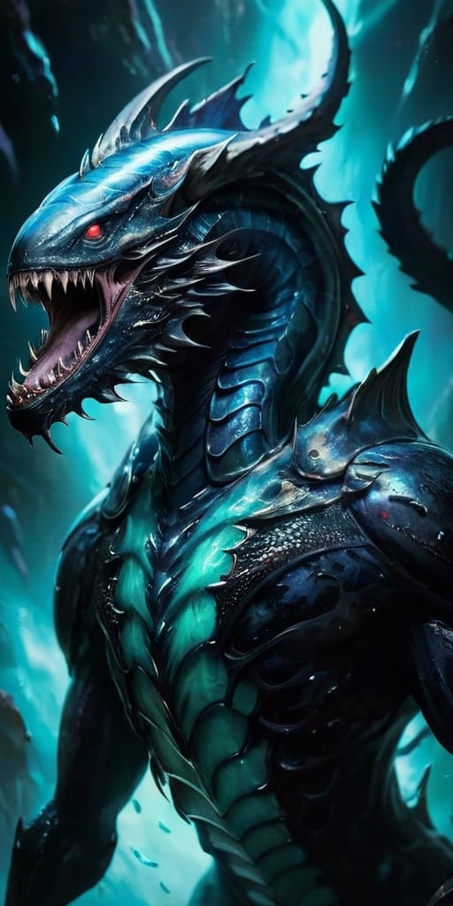 Voidspawn Leviathan From the blackest void comes a leviathan of nightmares. Its elongated body is covered in shimmering, bioluminescent scales, giving it an eerie, spectral appearance. Rows of serrated teeth line its gaping maw, which stretches impossibly wide to consume entire ships whole. 
