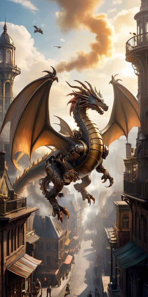 A colossal clockwork dragon, its brass gears and pistons whirring to life, takes flight above a steampunk cityscape. Steam billows from its vents, and its metallic wings cast long shadows on the cobblestone streets below.
