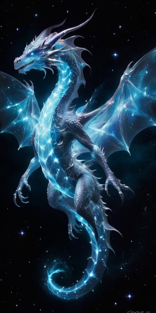 An ethereal dragon, translucent and shimmering like a ghostly apparition, its form outlined by the glow of distant stars. It soars through the void of space, leaving a trail of sparkling stardust in its wake, its eyes glowing with ancient wisdom as it navigates the cosmos.
