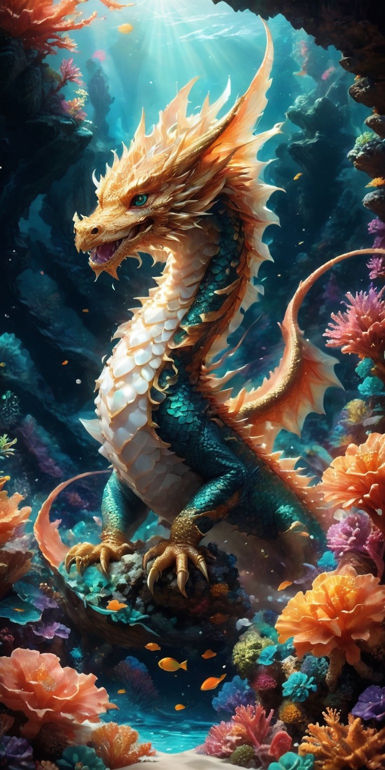 Design a concept art piece of a baby cloud dragon soaring amidst a vibrant coral reef. Imagine the dragon's scales resembling fluffy clouds, adorned with tiny pearls that resemble raindrops. Let the dragon playfully puff out small, cotton-like clouds that drift around the coral, and depict schools of colorful fish swimming alongside the curious hatchling.
