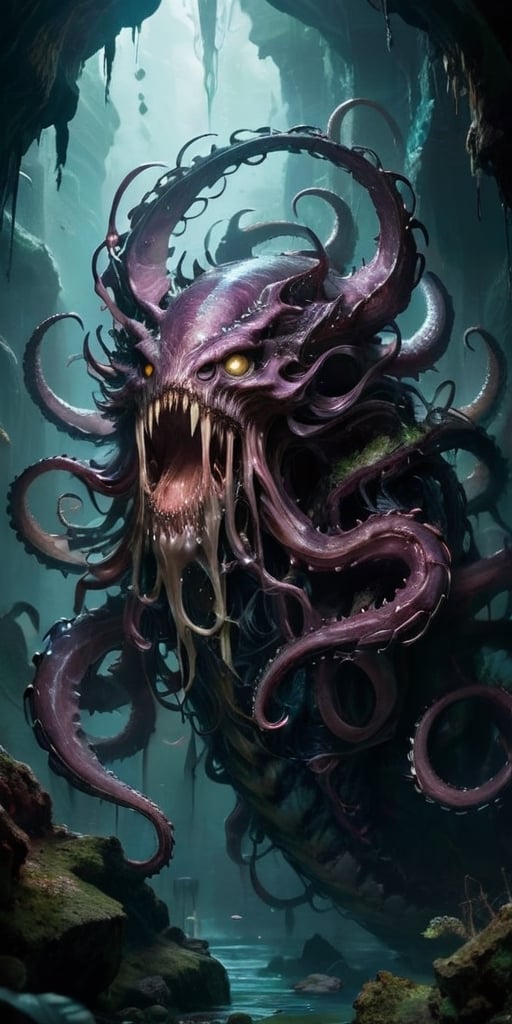 The Abyssal Devourer In the depths of a forgotten abyss, a monstrous entity lurks. It possesses a serpentine body that undulates sinuously, covered in slimy, translucent flesh. Its many eyes glow with a malevolent intelligence, and its gaping maw is lined with rows of needle-like teeth. Tentacles, each tipped with a bony barb, writhe around its form, ready to ensnare any who draw near.
