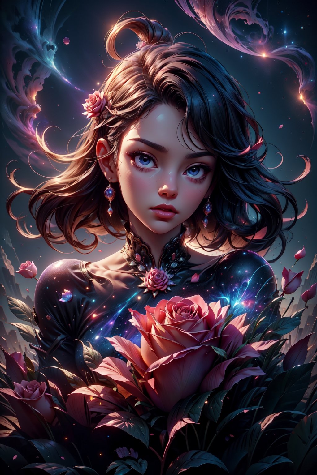 close up angle of (( floating on air)), ( rose petal) , detailed focus, deep bokeh, beautiful, dreamy colors, dark cosmic background. Visually delightful ,3D,more detail XL,dreamwave,More Detail,aesthetic
