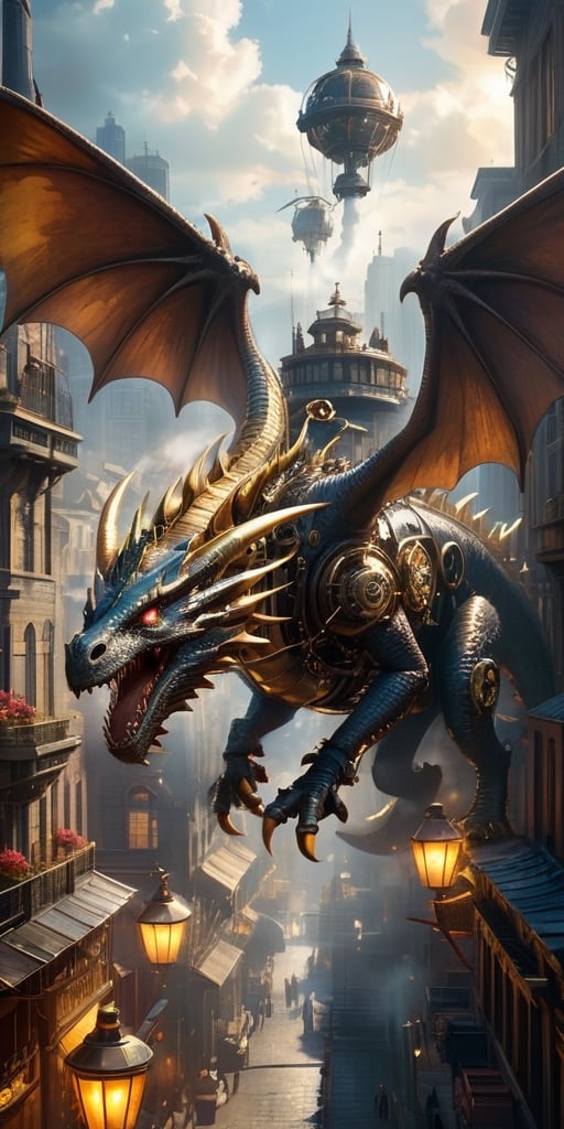 A colossal clockwork dragon, its brass gears and pistons whirring to life, takes flight above a steampunk cityscape. Steam billows from its vents, and its metallic wings cast long shadows on the cobblestone streets below.
