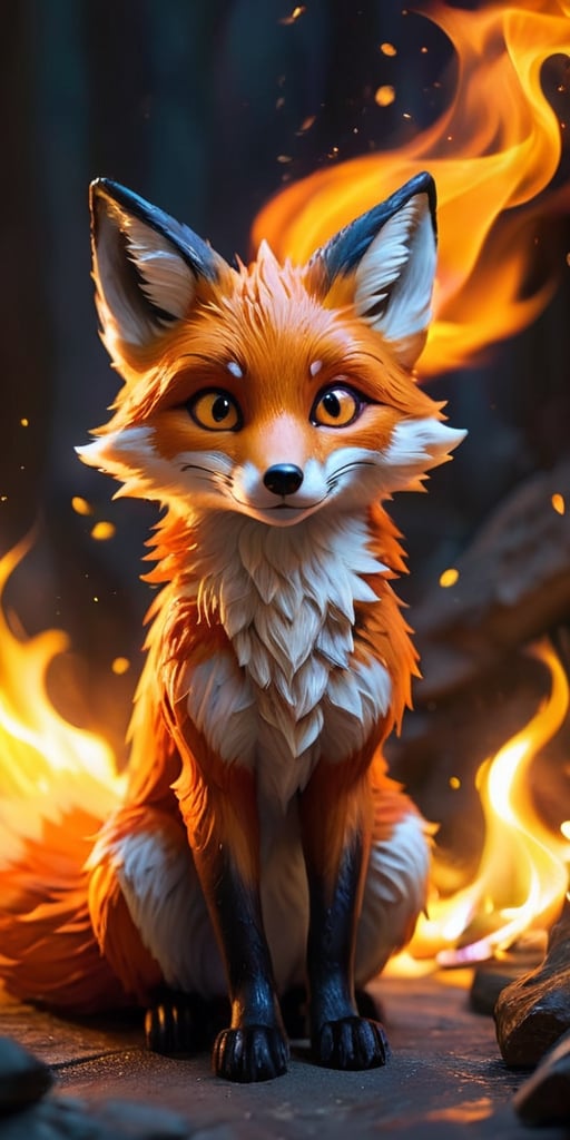 A mischievous fire spirit, resembling a playful fox, dances amongst flickering flames. Its fur crackles with embers, and its eyes glow with the warmth of the fire.
 
