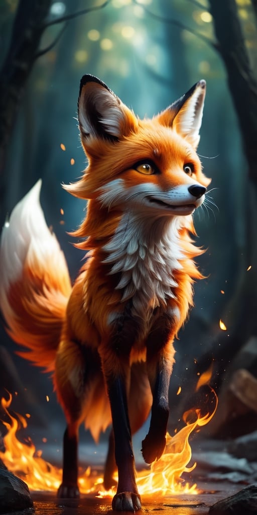 A mischievous fire spirit, resembling a playful fox, dances amongst flickering flames. Its fur crackles with embers, and its eyes glow with the warmth of the fire.
 
