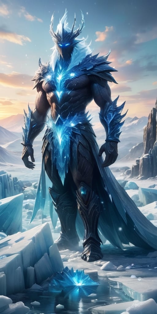 A towering, crystalline giant emerges from a frozen wasteland. Its body is composed of interlocking ice crystals, and its movements cause shimmering snowflakes to cascade around it.
