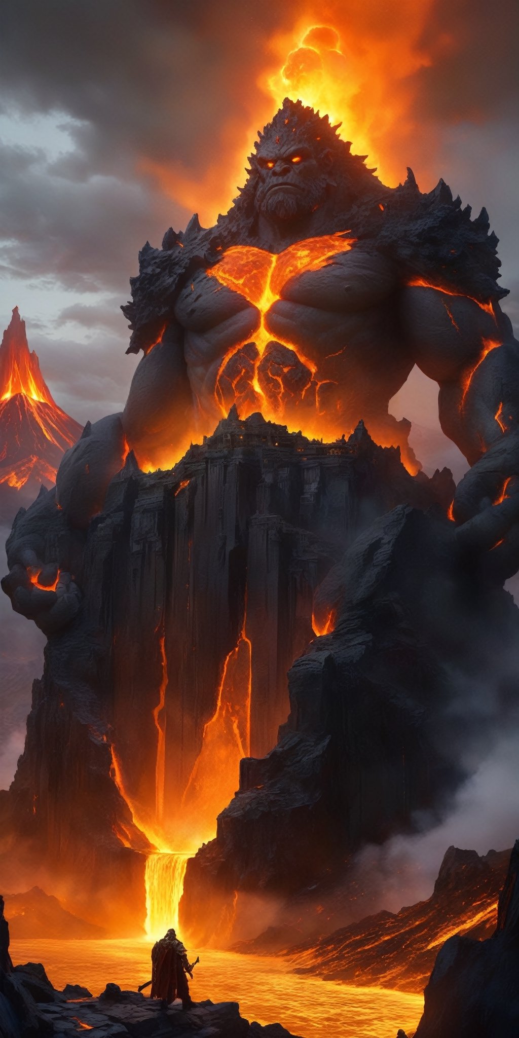 A colossal stone giant, its weathered features adorned with golden jewels, stands guard over a hidden city nestled within a volcano. Molten lava flows around its base, casting an orange glow on the city's obsidian towers.
 
