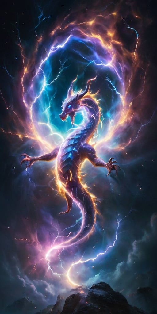 A dragon of pure energy, its body crackling with lightning-like tendrils of light that arc and twist around its sleek form. It flies through a field of shimmering auroras, its presence seemingly causing the lights to intensify, creating a stunning display of color and motion in the night sky.
